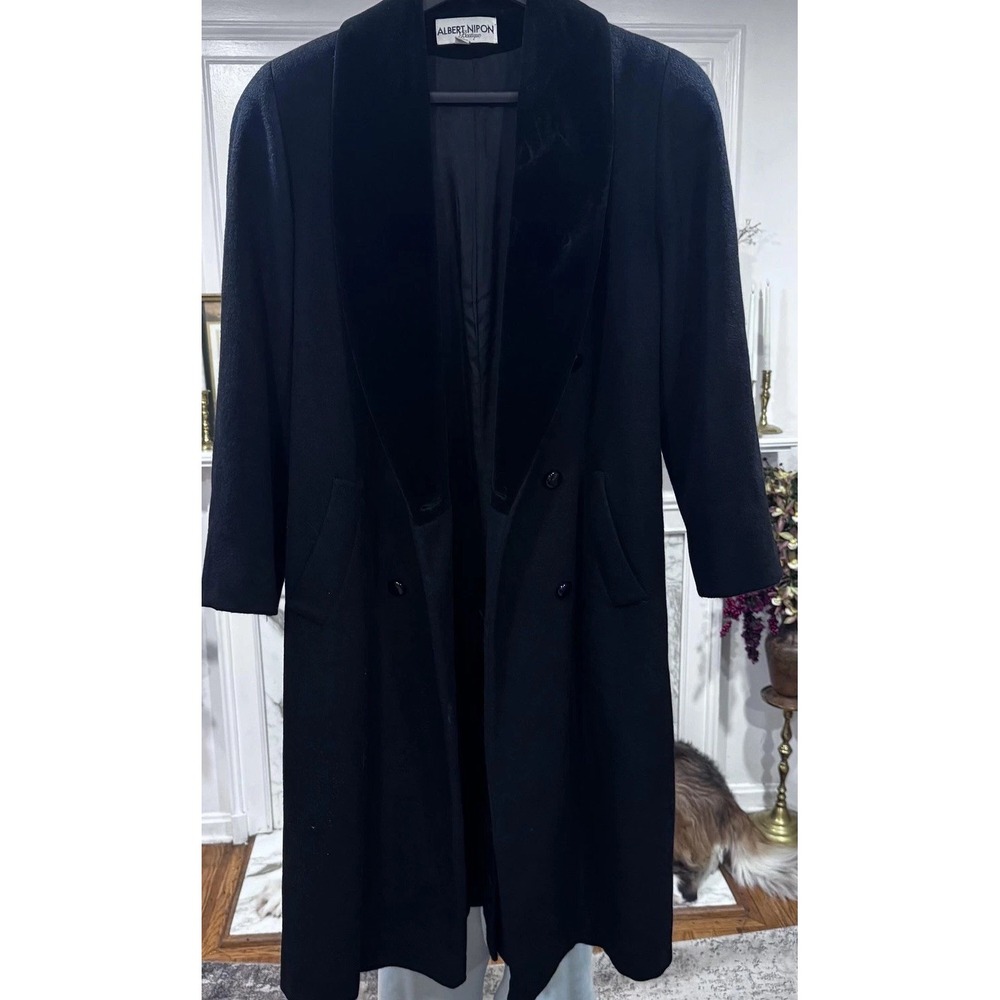 Vintage 80s Albert Nipon Wool Coat Womens 12 Black Velvet Shawl Collar Trench